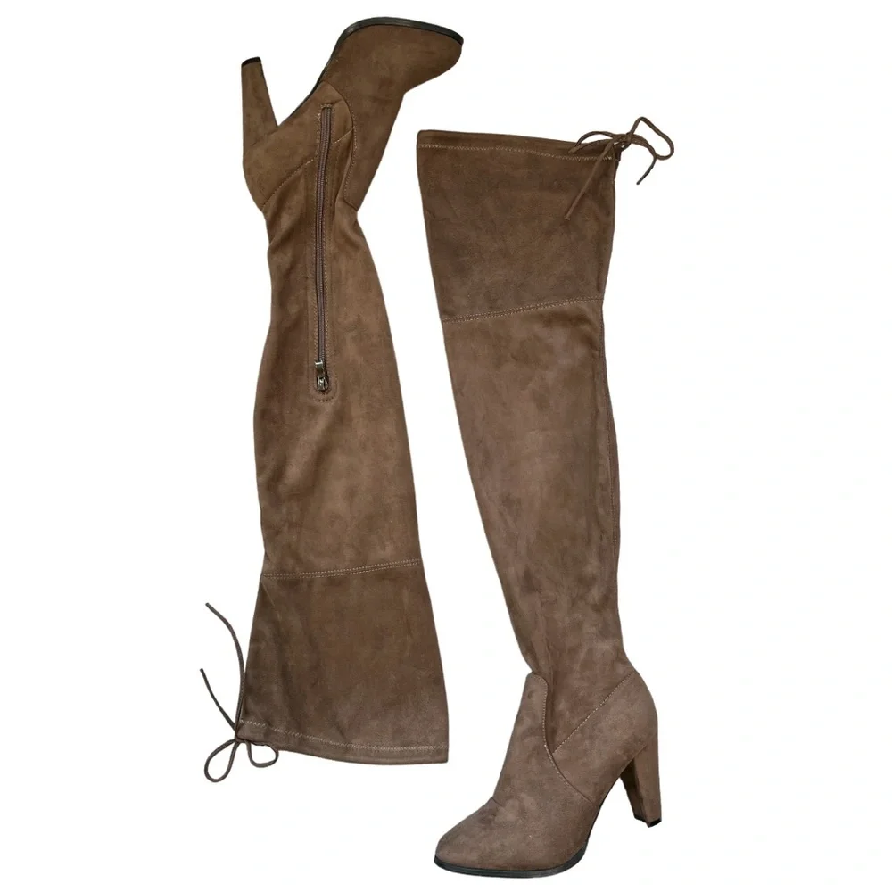 Sexy Thigh High Boots Chunky Heel Over Knee Suede Tie Brown Almond Toe Size 8.5